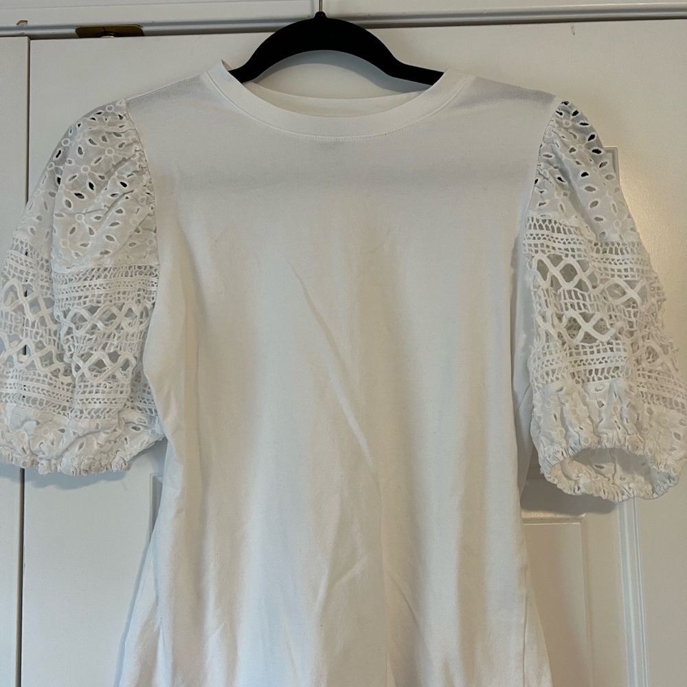 French Connection White Lace Puff Sleeve Blouse